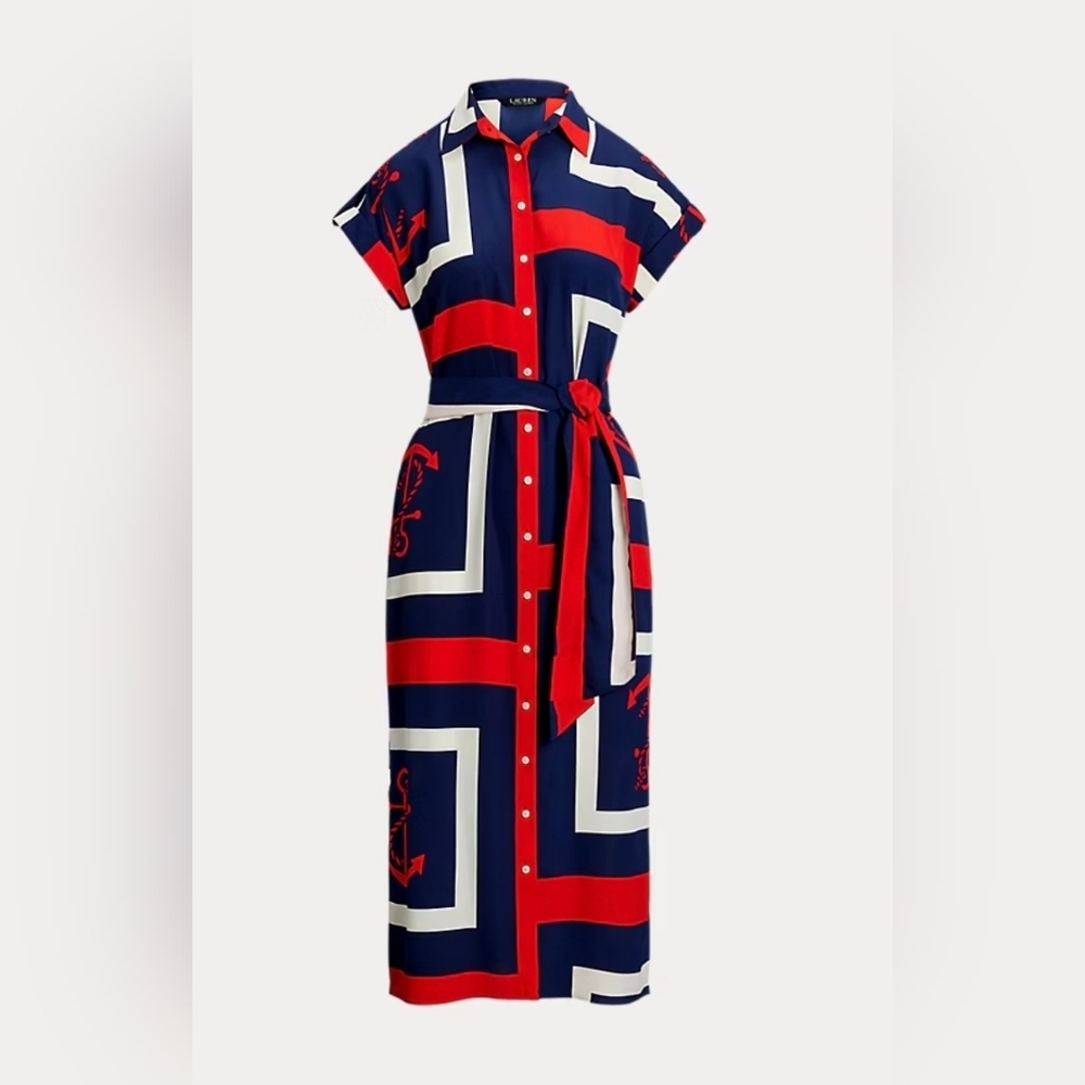 Ralph Lauren Navy and Red Geometric Midi Dress